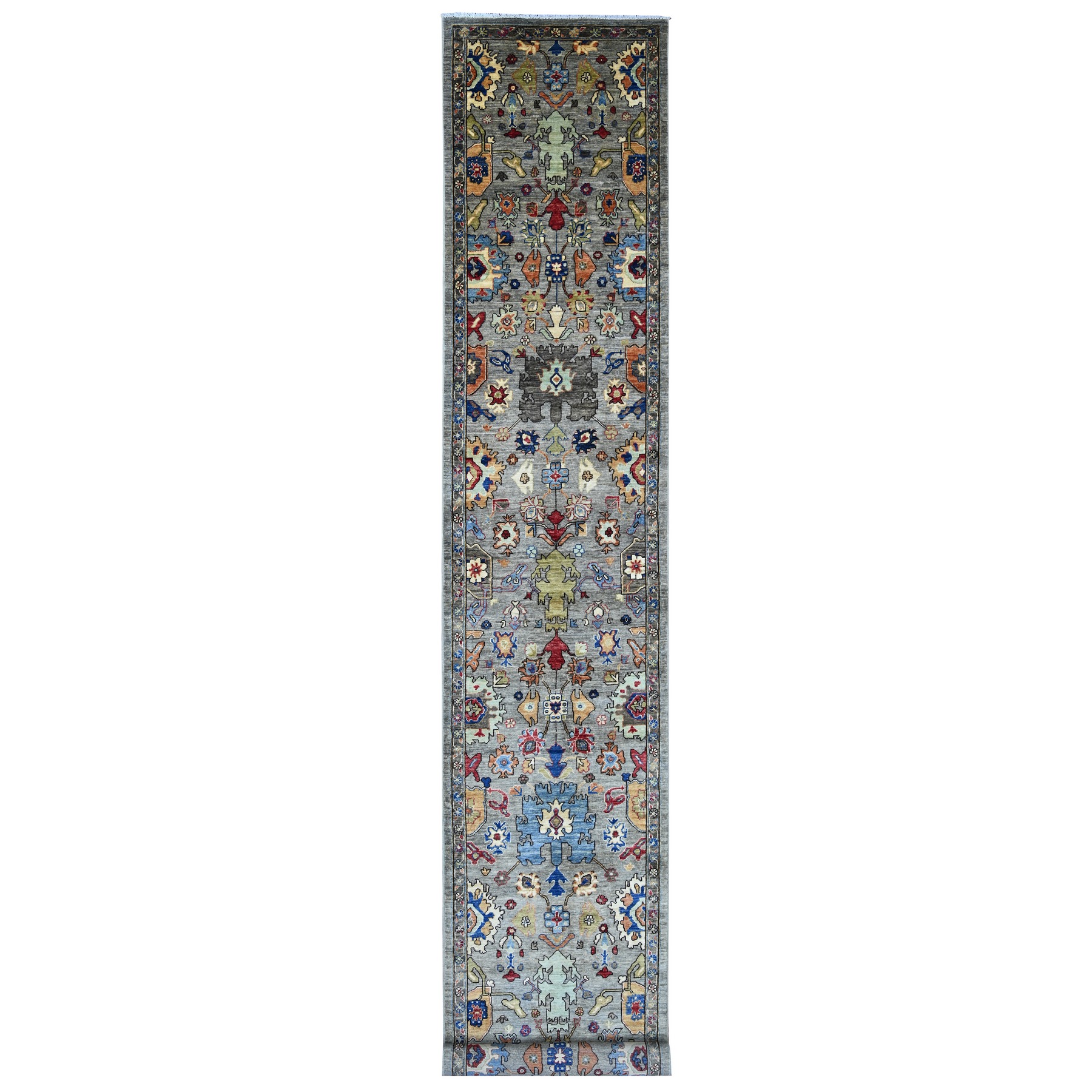 3'x19'9" Spanish Gray, Heriz All Over Design, Aryana Collection, Vegetable Dyes, Hand Knotted, Soft Pile, High Mountain Wool, Densely Woven, XL Runner, Oriental Rug 